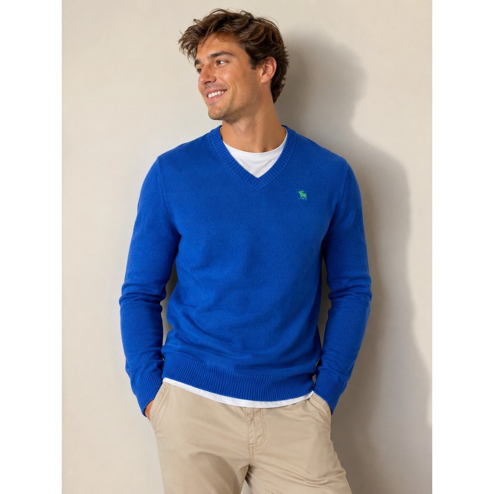Abercrombie‎ & Fitch Mens Blue V-Neck Cashmere Blend Muscle Fit Sweater Small